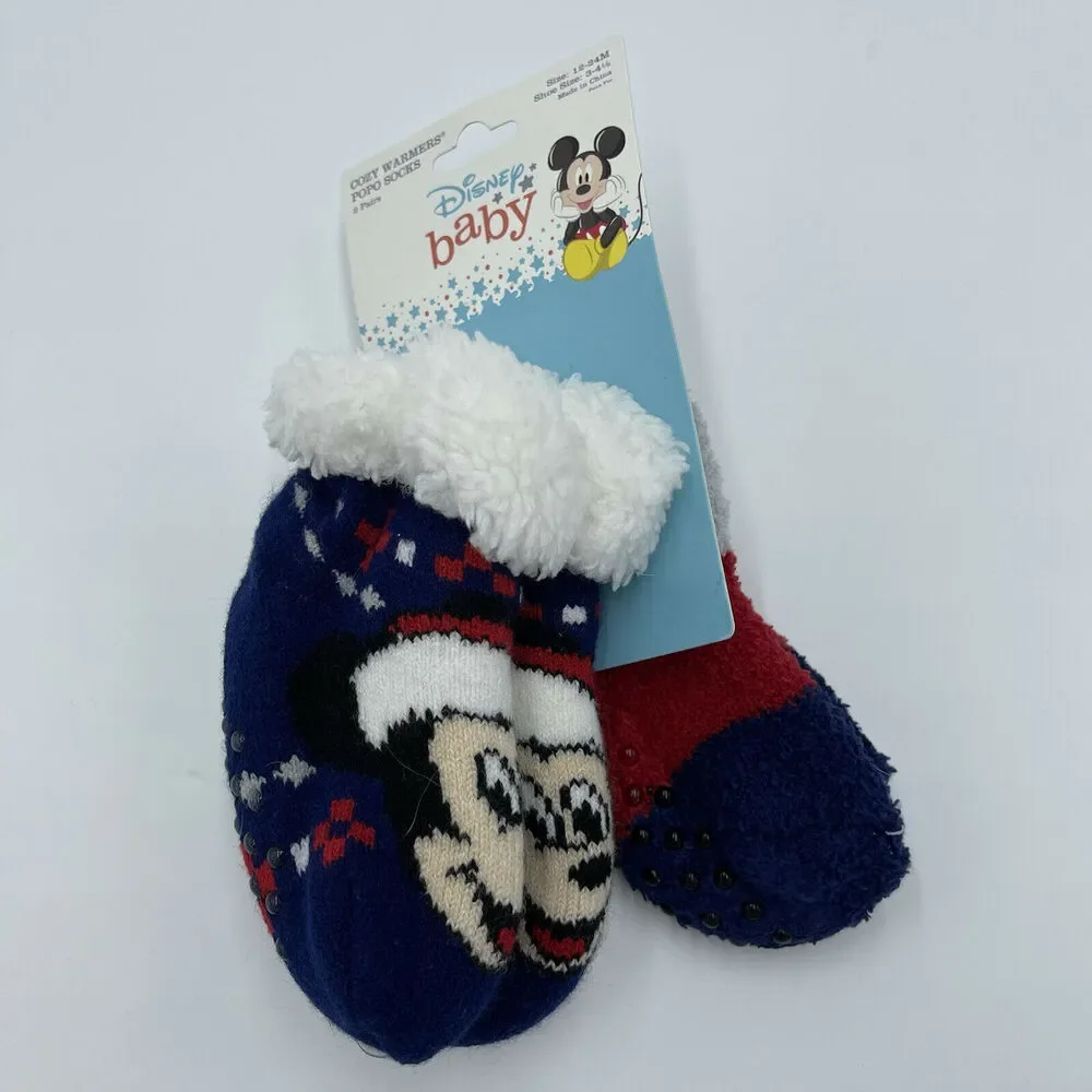 Disney Mickey Mouse Fuzzy Cozy Socks 2 Pairs 12-24 Months NWT Stocking Stuffers